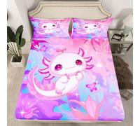 Loussiesd Cute Pink Axolotl Fitted Sheet with 2 Pillowcases King Size Kawaii Animal Bed Sheets Set 16" Deep Pocket Boys Girls Dreamy Girly Bedding Teens Bedroom Decor Soft Lightweight Microfiber