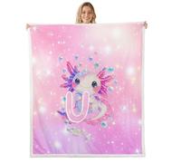 Loussiesd Cute Pink Axolotl Sherpa Blanket Plush Fuzzy Kawaii Glitter Axolotl Fleece Throw Blanket Boys Girls Ocean Animal Initial Letter U for Bed Couch Living Room Bedroom Decor Single 50x60Inch