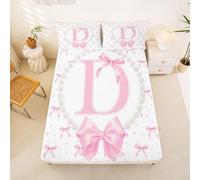Loussiesd Cute Pink Bow Fitted Sheet Double Size for Kids Boys Girls Initial Letter D Bed Sheets Set 16" Deep Pocket Soft Breathable Microfiber Pearl Bow Tie Bedding with 2 Pillowcases Room Decor