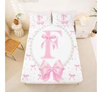 Loussiesd Cute Pink Bow Fitted Sheet Double Size for Kids Boys Girls Initial Letter F Bed Sheets Set 16" Deep Pocket Soft Breathable Microfiber Pearl Bow Tie Bedding with 2 Pillowcases Room Decor