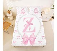 Loussiesd Cute Pink Bow Fitted Sheet Double Size for Kids Boys Girls Initial Letter Z Bed Sheets Set 16" Deep Pocket Soft Breathable Microfiber Pearl Bow Tie Bedding with 2 Pillowcases Room Decor