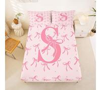 Loussiesd Cute Pink Bow Fitted Sheet King Size for Kid Boys Ribbon Bow Knot Bed Sheets Set 16" Deep Pocket Soft Breathable Microfiber Personalized Initial S Bedding with 2 Pillowcases Room Decor