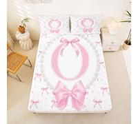 Loussiesd Cute Pink Bow Fitted Sheet with 1 Pillowcase Single Size Initial Letter O Bed Sheets Set 16" Deep Pocket Boys Girls Pearl Bow Tie Bedding Teens Decor Breathable Soft Lightweight Microfiber
