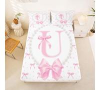 Loussiesd Cute Pink Bow Fitted Sheet with 1 Pillowcase Single Size Initial Letter U Bed Sheets Set 16" Deep Pocket Boys Girls Pearl Bow Tie Bedding Teens Decor Breathable Soft Lightweight Microfiber