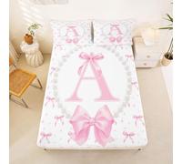 Loussiesd Cute Pink Bow Fitted Sheet with 2 Pillowcases Double Size Initial Letter A Bed Sheets Set 16" Deep Pocket Boys Girls Pearl Bow Tie Bedding Teens Decor Breathable Soft Lightweight Microfiber