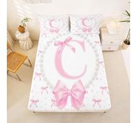 Loussiesd Cute Pink Bow Fitted Sheet with 2 Pillowcases Double Size Initial Letter C Bed Sheets Set 16" Deep Pocket Boys Girls Pearl Bow Tie Bedding Teens Decor Breathable Soft Lightweight Microfiber