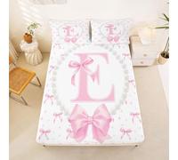 Loussiesd Cute Pink Bow Fitted Sheet with 2 Pillowcases King Size Initial Letter E Bed Sheets Set 16" Deep Pocket Boys Girls Pearl Bow Tie Bedding Teens Decor Breathable Soft Lightweight Microfiber