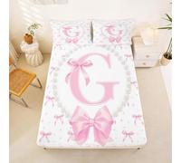 Loussiesd Cute Pink Bow Fitted Sheet with 2 Pillowcases King Size Initial Letter G Bed Sheets Set 16" Deep Pocket Boys Girls Pearl Bow Tie Bedding Teens Decor Breathable Soft Lightweight Microfiber