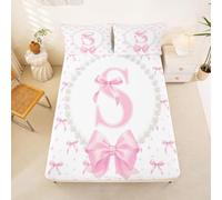 Loussiesd Cute Pink Bow Fitted Sheet with 2 Pillowcases King Size Initial Letter S Bed Sheets Set 16" Deep Pocket Boys Girls Pearl Bow Tie Bedding Teens Decor Breathable Soft Lightweight Microfiber