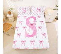Loussiesd Cute Pink Bow Fitted Sheet with 2 Pillowcases King Size Ribbon Bow Knot Bed Sheets Set 16" Deep Pocket Girls Personalized Initial S Bedding Teens Bedroom Decor Soft Lightweight Microfiber