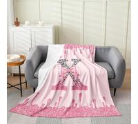 Loussiesd Cute Pink Bow Fleece Throw Blanket Personalized Initial X Flannel Blanket Plush Fuzzy Ribbon Bow Knot for Bed Couch Chair Living Room Kawaii Queen 90x90Inch Princess Bowknot Bedroom Decor