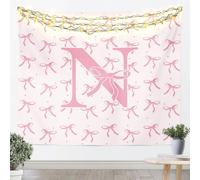 Loussiesd Cute Pink Bow Tapestry Ribbon Bow Knot Wall Art Medium 51x59 Inch Personalized Initial N Wall Hanging Blanket for Living Room Bedroom Kawaii Home Decor Princess Bowknot