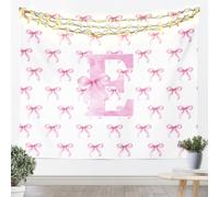Loussiesd Cute Pink Bow Tapestry Ribbon Bow Knot Wall Art XLarge 69x91 Inch Personalized Initial E Wall Hanging Blanket for Living Room Bedroom Kawaii Home Decor Princess Bowknot