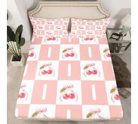 Loussiesd Cute Pink Cherry Bow Fitted Sheet with 2 Pillowcases Double Size Silk Ribbon Bowknot Bed Sheets Set 16" Deep Pocket Boys Girls Princess Bow Bedding Initial Letter I Teens Bedroom Decor Soft