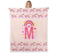 Loussiesd Cute Pink Rainbow Sherpa Blanket Plush Fuzzy Personalized Initial M Fleece Throw Blanket Boys Girls Heart for Bed Couch Chair Living Room Love Bedroom Decor Kawaii Queen 90x90Inch