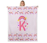 Loussiesd Cute Purple Rainbow Sherpa Blanket Plush Fuzzy Personalized Initial K Fleece Throw Blanket Boys Girls Heart for Bed Couch Chair Living Room Love Bedroom Decor Kawaii Queen 90x90Inch
