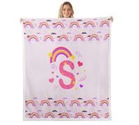 Loussiesd Cute Purple Rainbow Sherpa Blanket Plush Fuzzy Personalized Initial S Fleece Throw Blanket Boys Girls Heart for Bed Couch Chair Living Room Love Bedroom Decor Kawaii Queen 90x90Inch