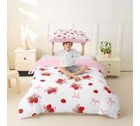 Loussiesd Cute Strawberry Bow Duvet Cover Super King Size Dreamy Princess Bowknot Bedding Set for Boys Girls Ribbon Bow Comforter Cover Bedroom Decor 3Pcs 2 Pillowcase
