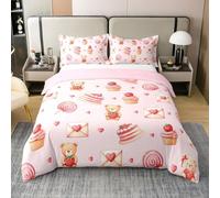 Loussiesd Cute Teddy Bear 100% Cotton Duvet Cover Boys Girls Double Strawberries Cake Bedding Set Ultra Soft Lollipop Comforter Cover Set Love Balloon Bedspread Cover Valentine's Day No Comforter