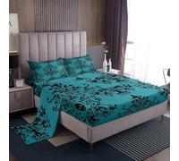Loussiesd Damask Floral Bed Sheet Set Double Boys Girls Vintage Jacquard Bedding Set Breathable Teal Black Fitted Sheet 4Pcs Exotic Sugar Skull Bedroom Decor Microfiber Zipper Closure