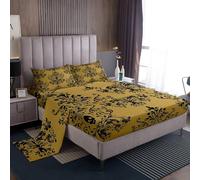 Loussiesd Damask Floral Bed Sheet Set Double Boys Girls Vintage Jacquard Bedding Set Breathable Yellow Black Fitted Sheet 4Pcs Exotic Sugar Skull Bedroom Decor Microfiber Zipper Closure