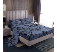 Loussiesd Damask Floral Bed Sheet Set Double Vintage Jacquard Bedding Set for Boys Girls Blue Black Fitted Sheet Exotic Sugar Skull Bedroom Decor 4Pcs Zipper Closure with 2 Pillowcases