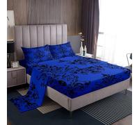 Loussiesd Damask Floral Bed Sheet Set Double Vintage Jacquard Bedding Set for Boys Girls Deep Blue Black Fitted Sheet Exotic Sugar Skull Bedroom Decor 4Pcs Closure with 2 Pillowcases