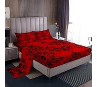 Loussiesd Damask Floral Bed Sheet Set King Vintage Jacquard Bedding Set for Boys Girls Red Black Fitted Sheet Exotic Sugar Skull Bedroom Decor 4Pcs Zipper Closure with 2 Pillowcases