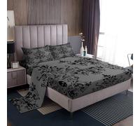 Loussiesd Damask Floral Bed Sheet Set King Vintage Jacquard Fitted Sheet for Boys Girls Gray Black Bedding Set 4Pcs Exotic Sugar Skull Room Decor Breathable Soft Lightweight Microfiber