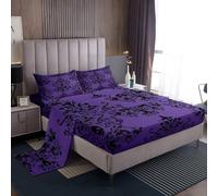Loussiesd Damask Floral Bed Sheet Set King Vintage Jacquard Fitted Sheet for Boys Girls Purple Black Bedding Set 4Pcs Exotic Sugar Skull Room Decor Breathable Lightweight Microfiber