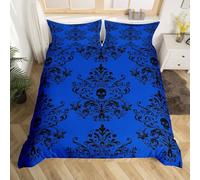 Loussiesd Damask Floral Duvet Cover Double Size Vintage Jacquard Bedding Set for Boys Girls Deep Blue Black Comforter Cover Exotic Sugar Skull Bedroom Decor 3Pcs Closure with 2 Pillowcases