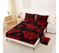 Loussiesd Death Moth Bed Sheets Set Double Size Halloween Themed Deep Pocket Fitted Sheet Boho Moth Bedding Sets Gothic Soft Bed Set 4Pcs with 2 Pillow Cases Black and Red