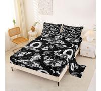 Loussiesd Death Moth Bed Sheets Set Single Size Halloween Themed Deep Pocket Fitted Sheet Boho Moth Bedding Sets White Silver Soft Bed Set 3Pcs with 1 Pillow Cases Gothic