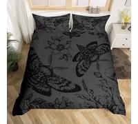 Loussiesd Death Moth Bedding Set Double Size Kids Skull Decor Duvet Cover for Boys Girls Teens Gothic Goth Skull Halloween Boho Moth Floral Black Grey Duvet Cover Soft Room Decor 3Pcs