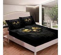 Loussiesd Death Skull Fitted Sheet Sugar Skull Bed Sheet Set Scary Gothic Skull Bedding Set For Kids Adults Ghost Skeleton Bed Cover Ultra Soft Room Decor Double Size