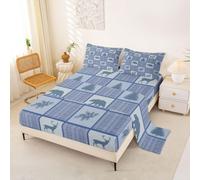 Loussiesd Deer Bear Bed Sheets Sets Double Size Kids Boys Girls Rustic Farmhouse Bedding Set Patchwork Country Lodge Bed Sheet Set with 16-Inch Deep Pockets Blue 4Pcs with 2 Pillow Cases