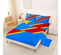 Loussiesd Democratic Republic of the Congo Flag Bed Sheets Set King Size World Countries Deep Pocket Fitted Sheet International Flag Bedding Sets Soft Bed Set 4Pcs with 2 Pillow Cases