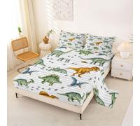 Loussiesd Dinosaur Bed Sheets Set King Size 3D Digital Print Deep Pocket Fitted Sheet Jungle Dino Bedding Sets Wild Animal Soft Bed Set 4Pcs with 2 Pillow Cases Orange and Green