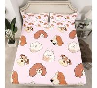 Loussiesd Dog Fitted Sheet with 2 Pillowcases Double Size Kawaii Bed Sheets Set 16" Deep Pocket Boys Girls Puppy Dog Bedding Cute Poppy Teens Bedroom Decor Pet Pink Breathable Soft Lightweight