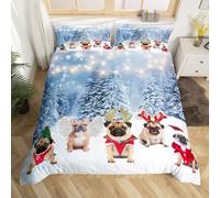 Loussiesd Dog Xmas Print Bedding Set Cute Pug Dog Christmas Tree Style 3D Animal Theme for Boys Girls Children Teens Bedroom Decor White Blue Duvet Cover Double Size