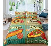 Loussiesd Donuts Bedding Set Pizza Hot Dog Coffee Duvet Cover For Kids Children Teens Food Theme Comforter Cover retro Stripe Style Bedspread Cover Bedroom Decor Quilt Cover 3Pcs King Size