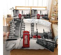 Loussiesd Double Duvet Cover Set 3D Famous City Printed Lightweight Soft Microfiber Grey London Telephone Booth Quilt Cover Set with Zipper Closure,Luxury Modern City Bedding Sets 3PCs (200x200cm)