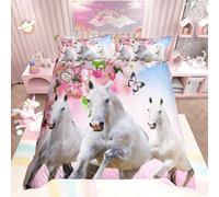 Loussiesd Double Girl Horse Bedding Set Children Pink Flowers White Pegasus Duvet Cover Cherry Blossom Butterfly Comforter Cover Set 3D Wildlife Bedroom Decoration