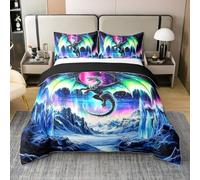 Loussiesd Dragon 100% Cotton Duvet Cover Double Size Monster Animal Bedding Set Boys Girls Outer Space Galaxy Northern Light Comforter Cover Set Flying Dragon Pattern Bedspread Cover（No Comforter