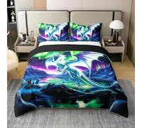 Loussiesd Dragon 100% Cotton Duvet Cover Double Size Northern Light Galaxy Outer Space Bedding Set Boys Girls Monster Animal Comforter Cover Set Flying Dragon Pattern Bedspread Cover（No Comforter