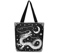 Loussiesd Dragon Canvas Tote Bags for Women Teens Gifts Chinese Dragon Large Capacity Shoulder Handbags Boho Moon Galaxy Dragon Travel Beach Bag Black White Reusable Grocery Bag for Shopping Gym