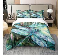 Loussiesd Dragonfly Bedding Cotton Duvet Cover Set for Bedroom Double Gifts for Women 100% Cotton Duvet Cover King Size for Kids Animal Comforter Cover Set Teens Green Bedspread Cover