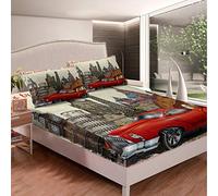 Loussiesd Eiffel Tower Bed Sheet Set Retro Car Bedding Set for Boys Girls Children Historical European Scenery Fitted Sheet Stain Resistant Famous Cityscape Room Decor Travel Double Size 3Pcs