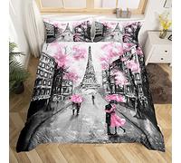 Loussiesd Eiffel Tower Bedding Set for Girls Romantic Paris Bed Cover Couple Womenative Paris Cityscape Printed Duvet Cover Modern French Style Bedding & Linen Pink Gray Super King 3Pcs