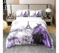Loussiesd Eiffel Tower Comforter Cover Double Size Girls Dress Floral Flower Purple Bedding Set for Women Adults Teens Modern French Paris Style Romantic City Duvet Cover 100% Cotton